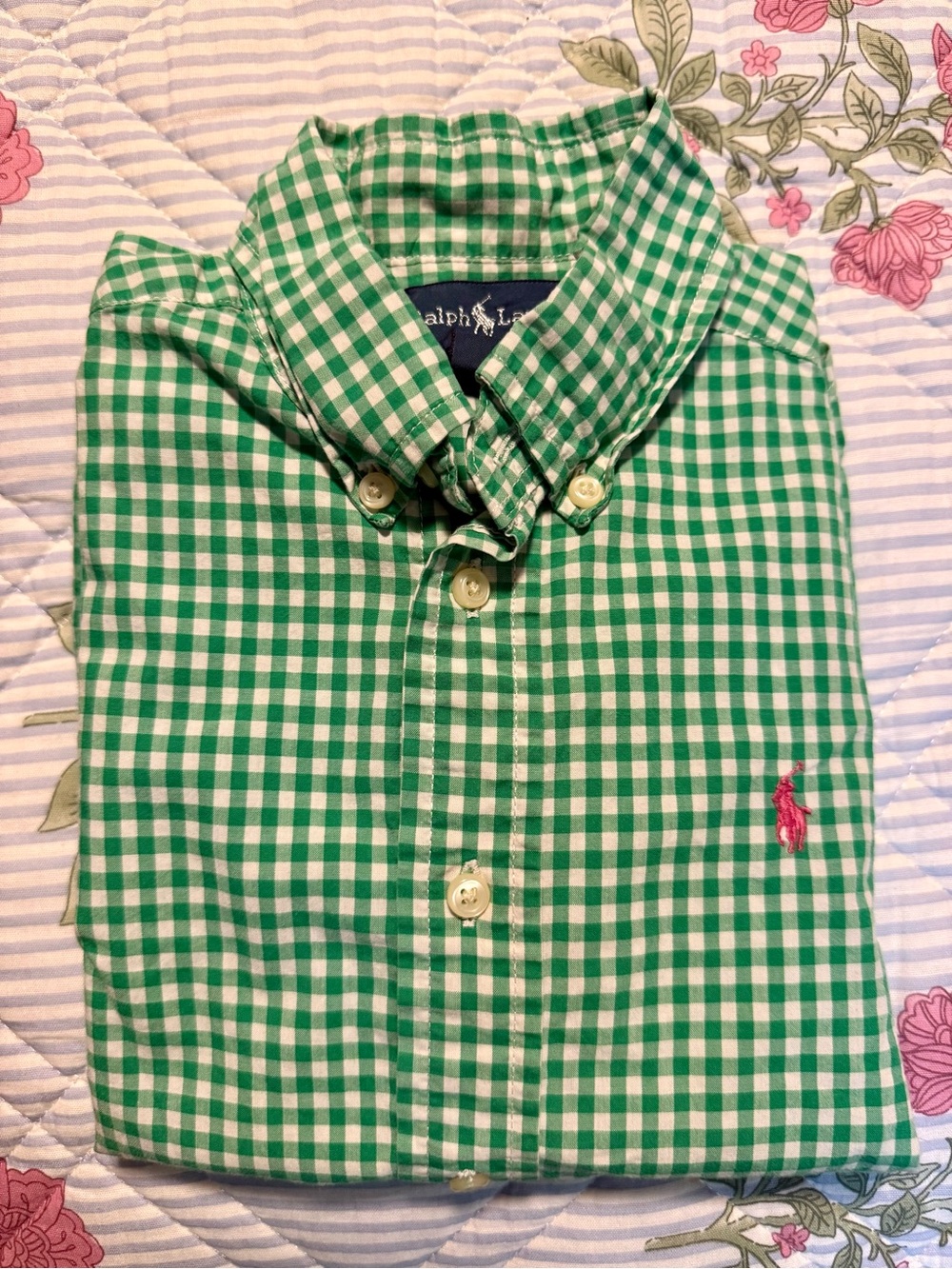 Ralph Lauren Green and White Gingham, Short Sleeve Button-Down Shirt.